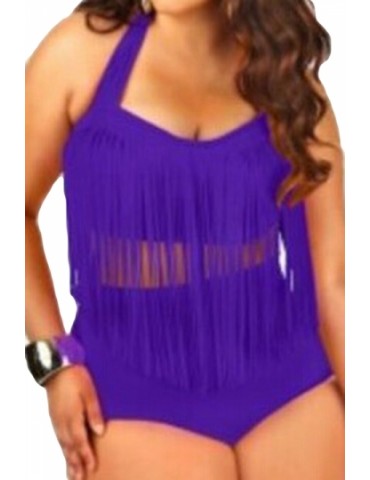 Sexy Plus Size Halter Fringe High Waisted Swimwear Purple
