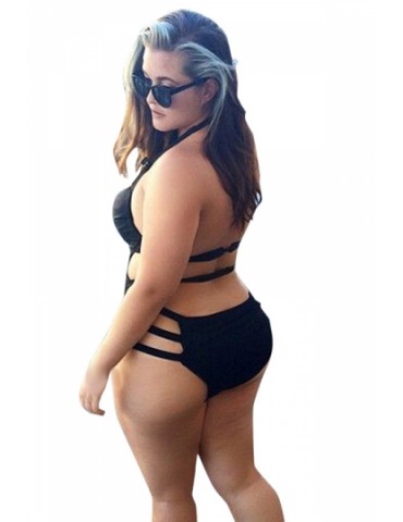 Sexy Strappy Side Cut Out Plus Size One Piece Swimsuit Black