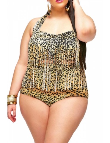 Womens Plus Size Fringe Printed Bikini Top&Sexy Swimwear Bottom Brown