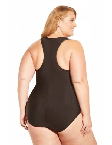 Plus Size Sleeveless Zipper Front Plain One Piece Swimsuit Black