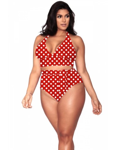 Plus Size Cut Out Polka Dot Halter Bikini Set Red