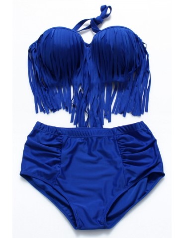 Sexy Plus Size Halter Fringe High Waisted Swimwear Navy Blue