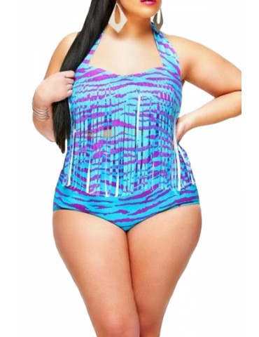 Womens Plus Size Fringe Printed Bikini Top&Sexy Swimwear Bottom Blue