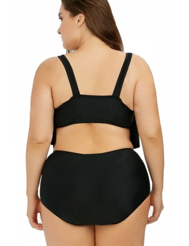 Plus Size Ruffle High Waisted Plain Bikini Set Black