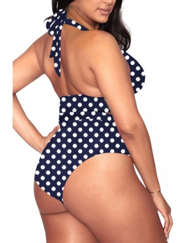 Plus Size Halter Cut Out Polka Dot Bikini Set Navy Blue