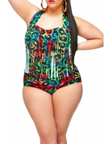 Womens Plus Size Fringe Printed Bikini Top&Sexy Swimwear Bottom Green