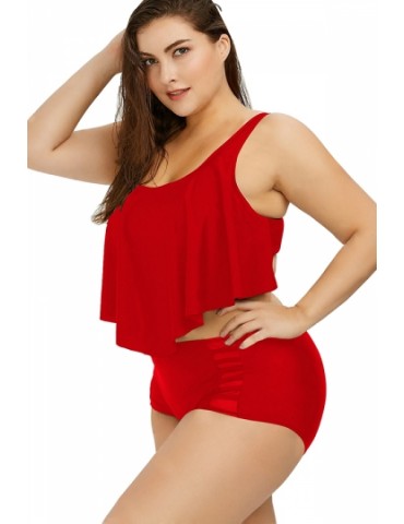 Plus Size Scoop Neck Plain Ruffle Bikini Set Red