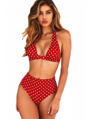 Halter Backless Polka Dot High Waisted Bikini Set Red