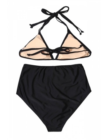 Halter Embroidered Triangle Top Mesh High Waisted Bikini Set Black