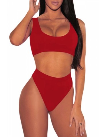 Womens Sexy Sports Styles High Waist Unpadded Bikini Set Rose Red