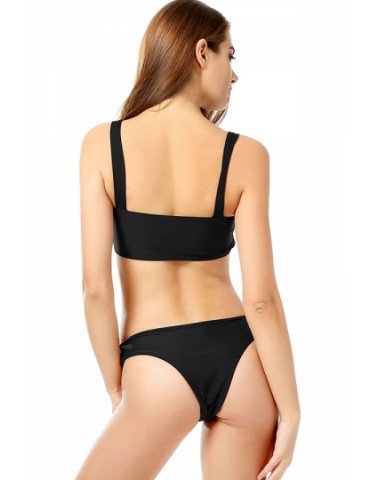 Stylish Straps Square Neck Plain High Cut Bikini Set Black