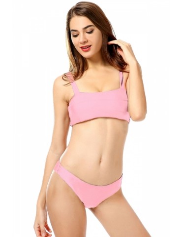 Stylish Straps Square Neck Plain High Cut Bikini Set Pink