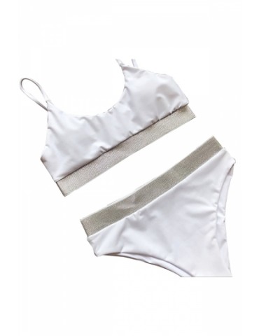 Spaghetti Straps Sequin Patchwork High Waisted Bikini White