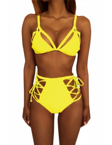 Womens Sexy Cutout Top&High Waist Lace-up Bottom Bikini Set Yellow