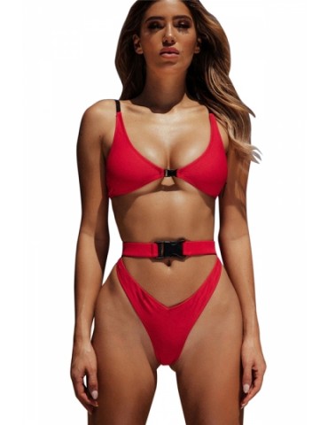 Sexy Buckle Triangle Top Cut Out Plain High Cut Bikini Set Red