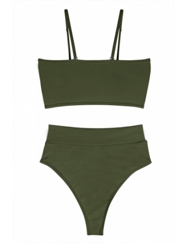 Womens Sexy Plain Bandeau Top&High Waist Bottom Bikini Set Army Green