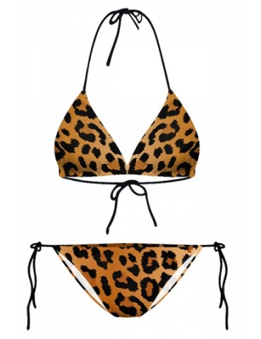 Womens Leopard Printed Top & Side-Tie Bottom Bikini Set Chestnut