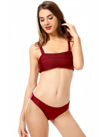 Stylish Straps Square Neck Plain High Cut Bikini Set Ruby