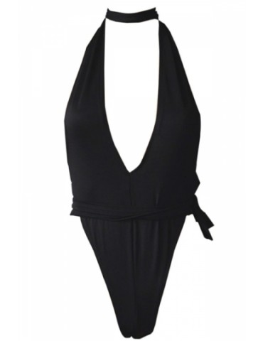 Sexy Plunging Neck High Cut One Piece Swimsuit Black