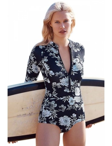 Womens Zip-up Floral Printed Long Sleeve One Piece Swimsuit Black