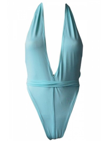 Sexy Plunging Neck High Cut One Piece Swimsuit Blue