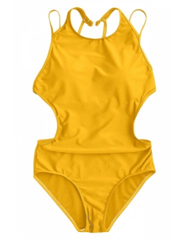 Sexy Sleeveless Backless Strappy Plain One Piece Swimsuit Yellow