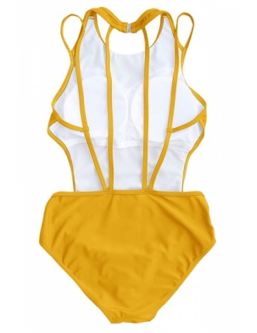 Sexy Sleeveless Backless Strappy Plain One Piece Swimsuit Yellow