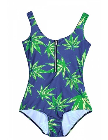 Womens Marijuana Leaf Digital Printed Zipper One-piece Monokini Green