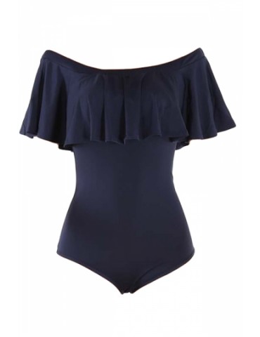 Womens Off Shoulder Ruffled Plain One Piece Swimsuit Navy Blue