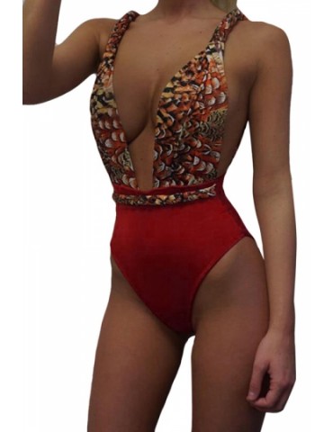 Womens Sexy Plunging Neckline Snake Skin Printed Monokini Red