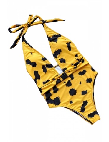Halter Deep V Neck Leopard Print Buckle One Piece Swimsuit Yellow