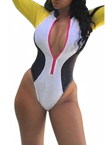 Long Sleeve Color Block Zipper High Cut One Piece Swimsuit Yellow