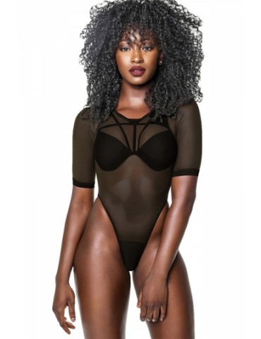 Sexy Sheer Mesh Strappy Back Thong One Piece Swimsuit Black
