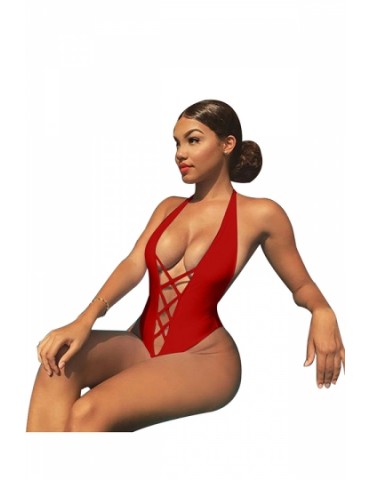 Womens Sexy Halter Backless Cut Out High Cut One Piece Swimsuit Red