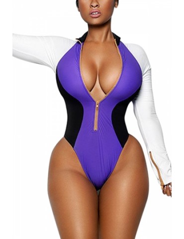 Long Sleeve Color Block Zipper High Cut One Piece Swimsuit Purple