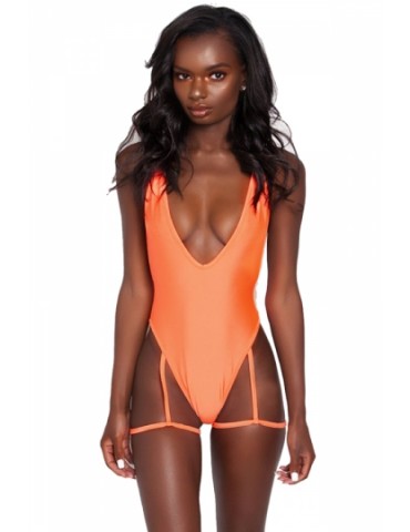 V Neck Criss Cross Backless Garter Belt Plain One Piece Swimsuit Orange