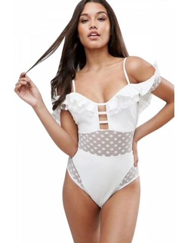 Womens Sexy Ruffle Polka Dot Mesh Cut Out One Piece Swimsuit White