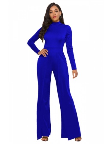 High Collar Long Sleeve Wide Legs Plain Jumpsuit Sapphire Blue