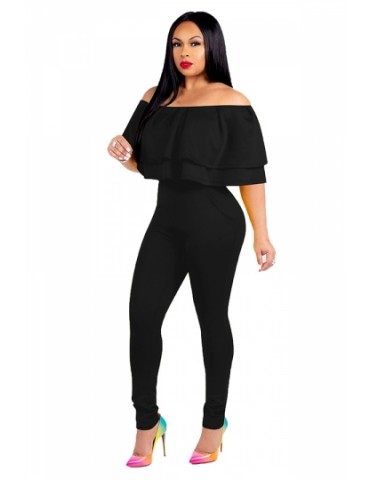 Fashion Off Shoulder Ruffle Plain Bodycon Jumpsuit Black