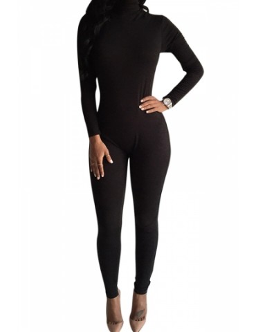 Black Long Sleeve Turtleneck Catsuit Bodycon Jumpsuits For Women