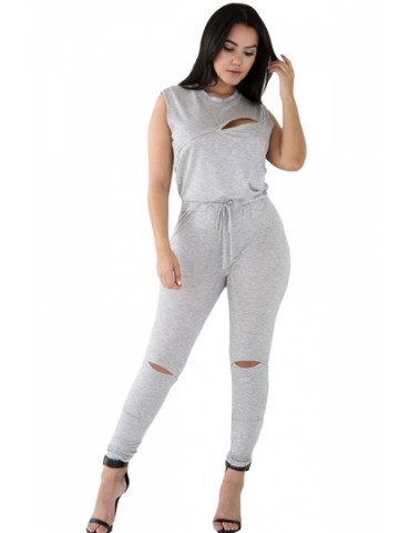 Womens Stylish Zip Line Front Cut Out Plain Jumpsuit Gray