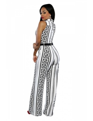 Womens Casual Printed High Waist Palazzo Jumpsuit White