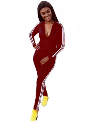 Sports Style Long Sleeve Zipper Striped Side Bodycon Jumpsuit Ruby