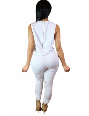 Sleeveless Knee Cutout Drawstring Waist White Jumpsuits For Women