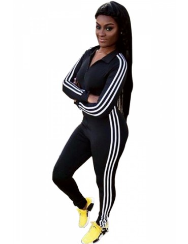 Sports Style Long Sleeve Zipper Striped Side Bodycon Jumpsuit Black