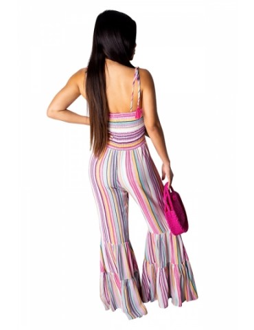 Sexy Sleeveless Tie Shoulder Striped Bell Bottom Jumpsuit