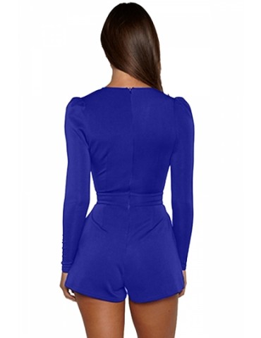 Womens Sexy Deep V-Neck Long Sleeve Back Zipper Romper Sapphire Blue