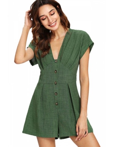 V Neck Short Sleeve Button Front Pleated Romper Green