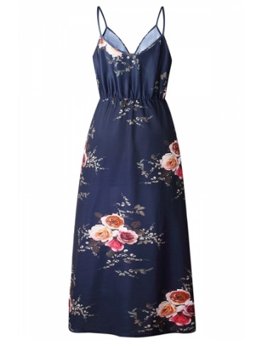 V Neck Spaghetti Straps Floral Print Romper Dress Navy Blue