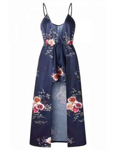 V Neck Spaghetti Straps Floral Print Romper Dress Navy Blue